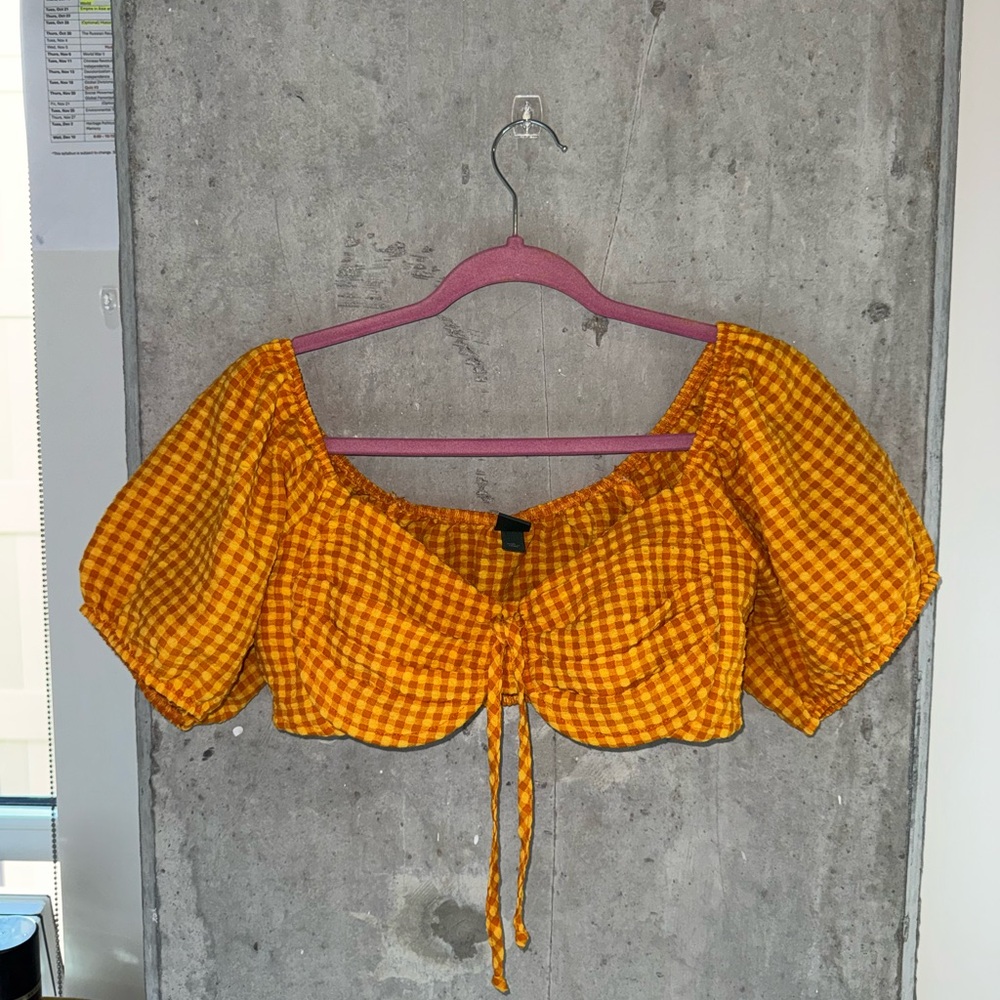 Wild Fable Mustard Gingham Puff Sleeve Crop Top